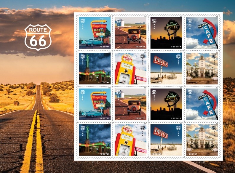 USPS Route 66 Forever stamp sheet featuring vintage motel signs, cafés, gas pumps, and desert highway scenes honoring the Mother Road.