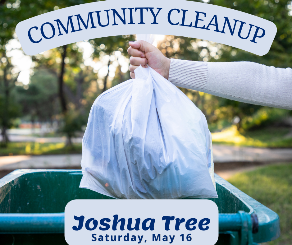 Arm in white sleeve holds a bag over a trash receptacle in a park setting with words COMMUNITY CLEANUP SATURDAY, MAY 9
