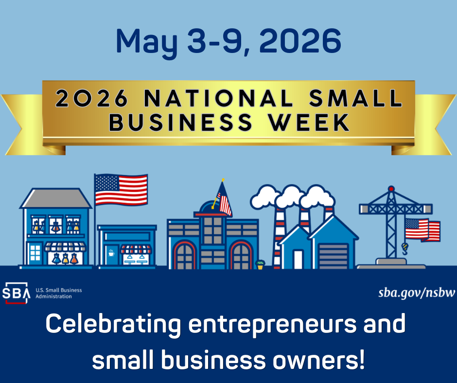 Poster celebrating Small Business Week 2026, featuring an illustrated small town and information about where to click for details