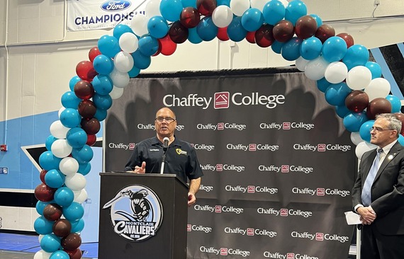 Supervisor Curt Hagman speaks at Montclair High School with a Chaffey College backdrop during a Montclair to College event.