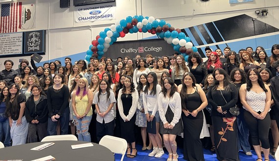 Montclair High School students gather for a group photo at a Chaffey College event celebrating the Montclair to College program.