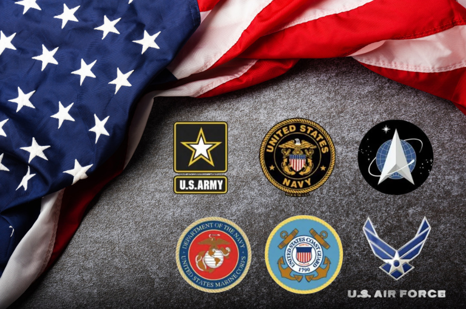 Logos for all six United States military branches sit on a charcoal gray background beneath an American Flag