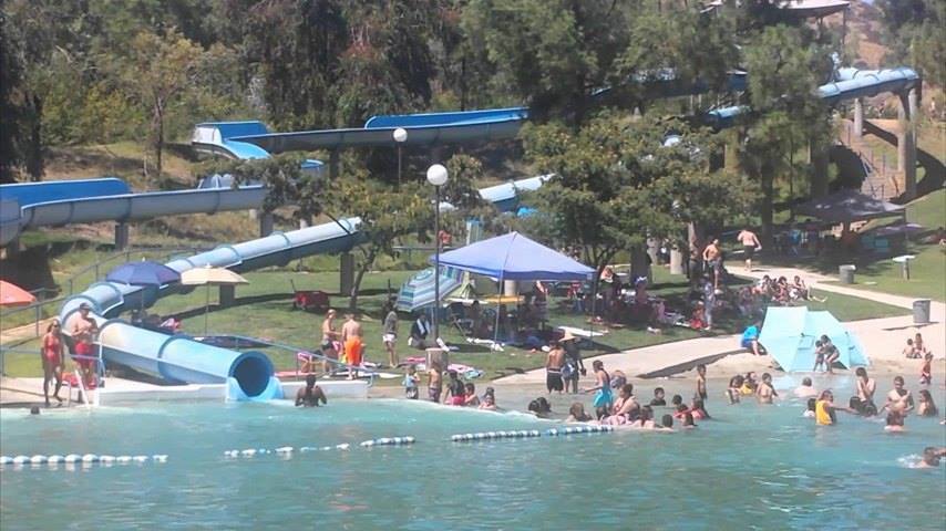 The massive swim lagoon complete with waterslides at Yucaipa Regional park.