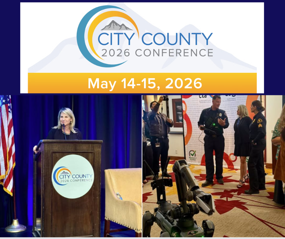 Montage with Supervisor Rowe standing at a podium, talking to County Fire personnel, and the City County Conference 2026 logo.