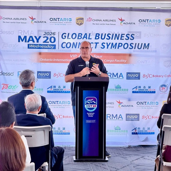 Supervisor Curt Hagman delivers remarks during the 2026 Global Business Connect Symposium at Ontario International Airport.