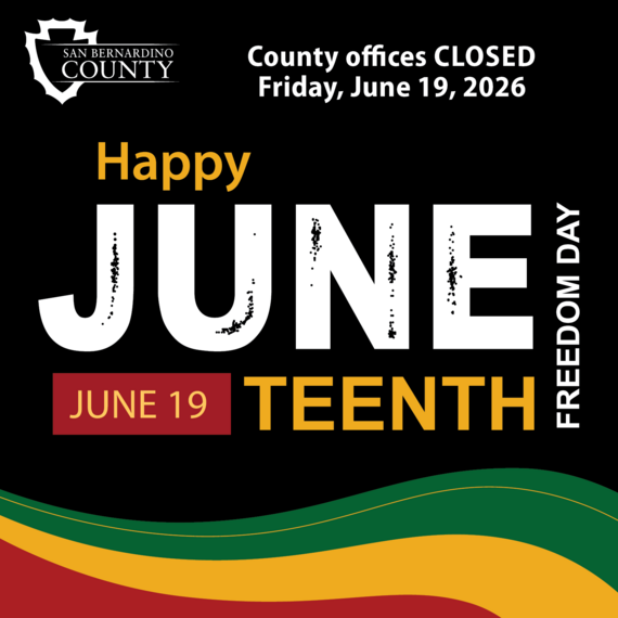 Black background with a green, yellow and red wave. Text: County offices CLOSED Friday, June 19, 2026. Happy JUNETEENTH. FREEDOM DAY. County logo.