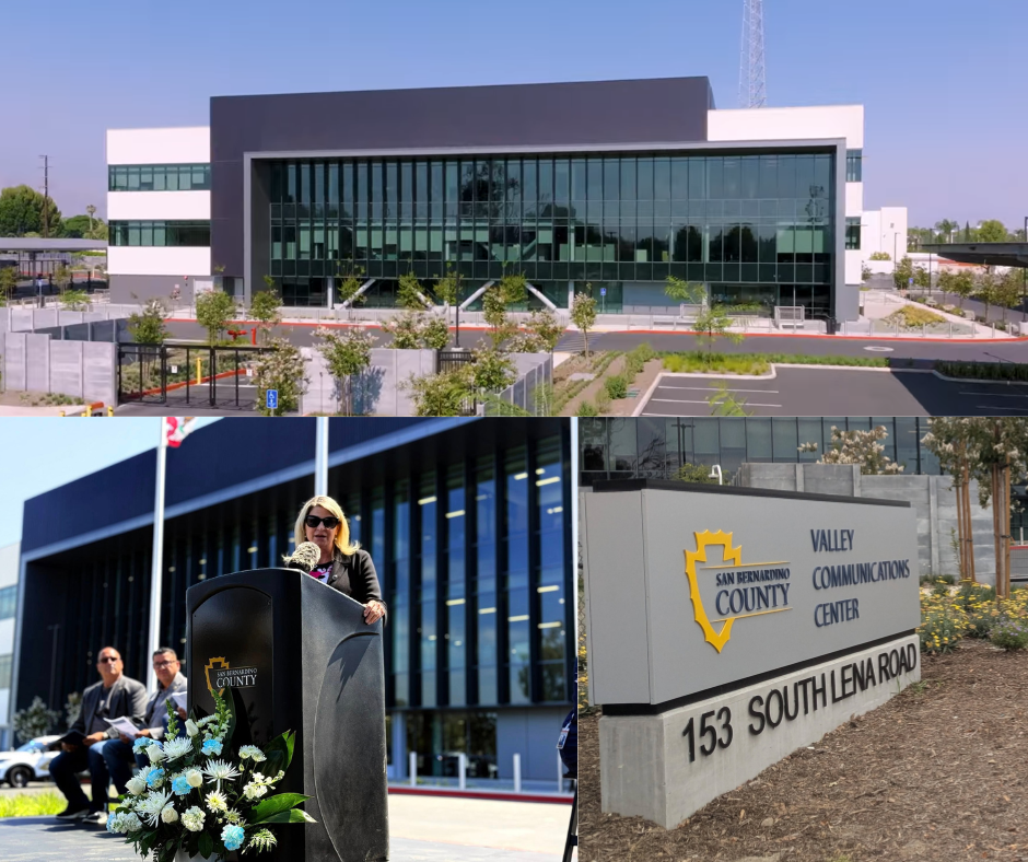 Montage shows Valley Communications Center, Supervisor Rowe speaking onstage, and the Communications Center entryway sign