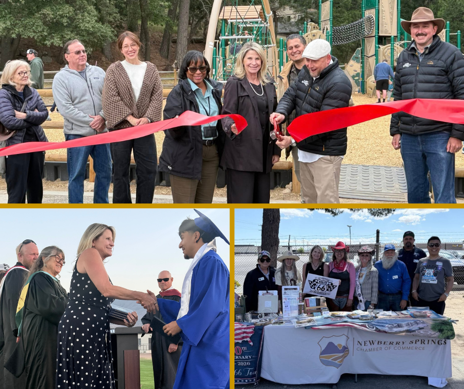 Montage with Supervisor Rowe at ribbon cutting in Lake Gregory, handing out diplomas in Lucerne Valley, and with Newberry Springs Chamber of Commerce