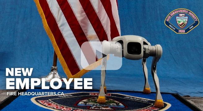 Robot dog by a U.S. flag and San Bernardino County Fire Protection District logo. Text “New Employee, Fire Headquarters, CA,” and video play button.