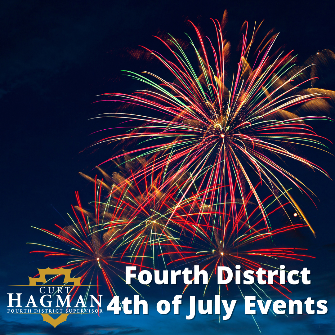 Graphic featuring colorful fireworks in the night sky with text promoting Fourth District 4th of July events.