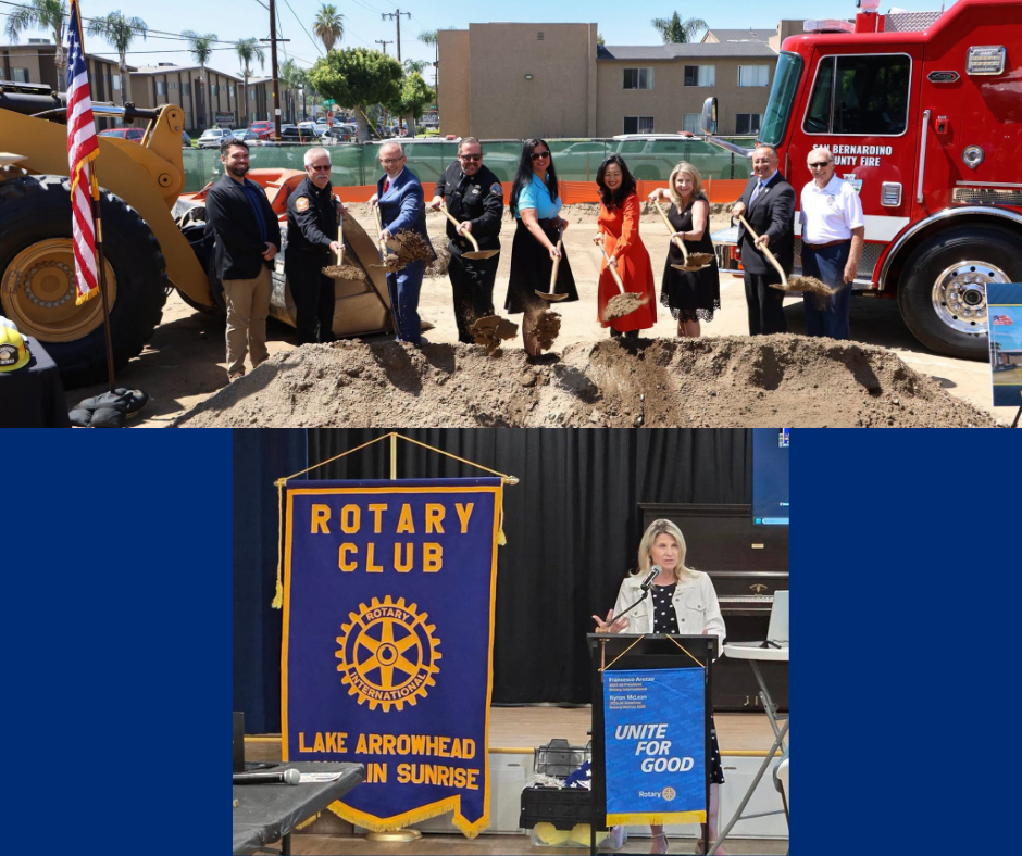 Montage shows Supervisor Rowe participating in a groundbreaking ceremony and speaking to the Mountain Sunrise Rotary Club in Lake Arrowhead