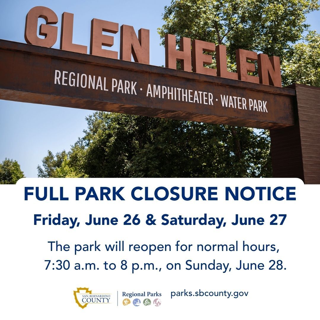 Full park closure notice Friday, June 26 & Saturday, June 27. The park will reopen for normal hours 7:30 a.m. to 8 p.m. on Sunday, June 28. Logo. URL.