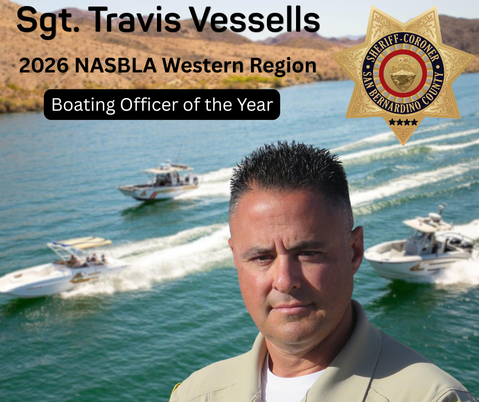 SBC Sheriff Sgt. Travis Vessells NASBLA Western Region Boating Officer of the Year pictured against boats on the river & Sheriff's logo badge