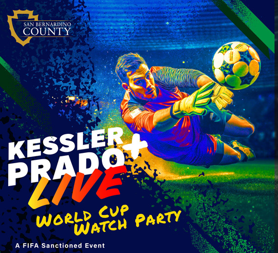 A male soccer goalie dives to catch a soccer ball in mid-air with text that says Live World Cup Watch Party and the county logo.