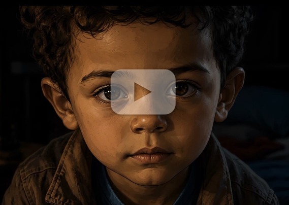 Close-up of a young child with curly hair looking directly into the camera in dim lighting, conveying a reflective expression.