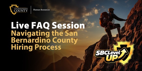 A person climbing a mountain at sunset, with the text "Live FAQ Session: Navigating the San Bernardino County Hiring Process"