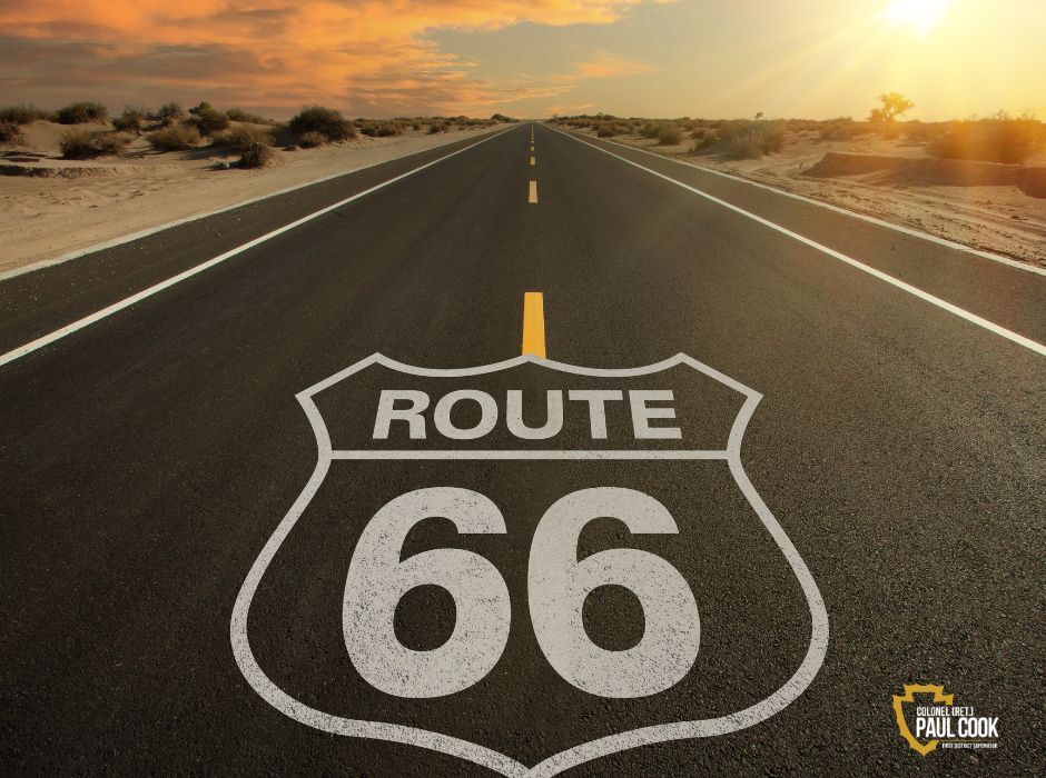 Route 66 logo on open road