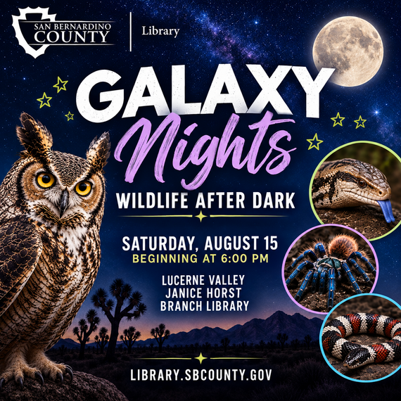 Promotional graphic for San Bernardino County Library's "Galaxy Nights: Wildlife After Dark."