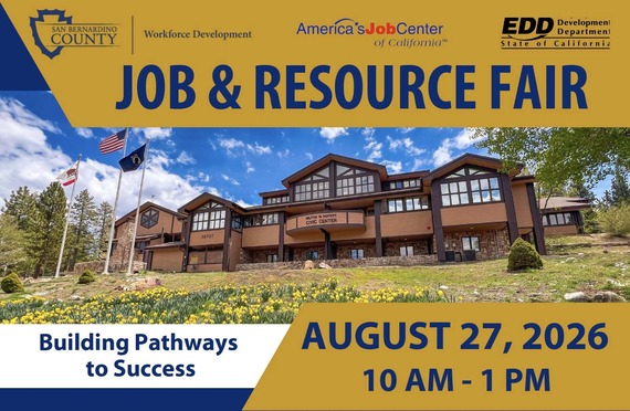 Promotional poster for the San Bernardino County Workforce Development Job & Resource Fair in Big Bear on Thursday, August 27, 2026.