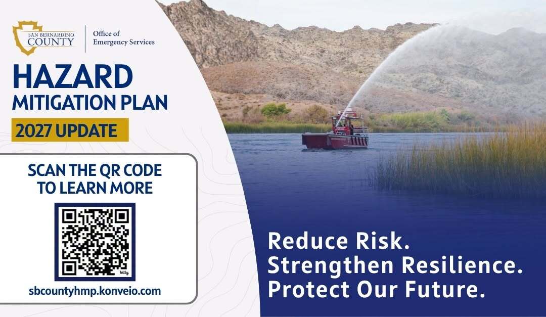 Graphic promoting the San Bernardino County Office of Emergency Services' 2027 Hazard Mitigation Plan update.