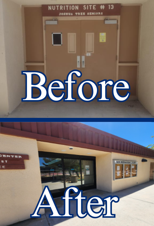 Photo montage showing before and after improvements made to entrances at the Joshua Tree Community Center.