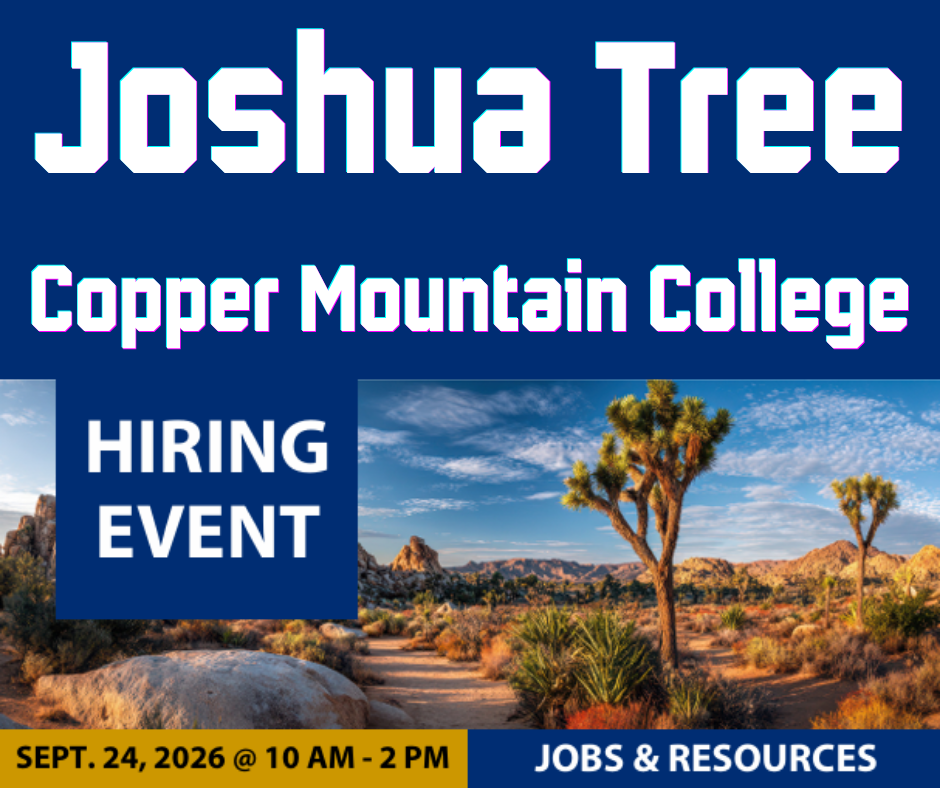 Poster announcing Joshua Tree Copper Mountain College hiring event on Thursday, September 24, 2026