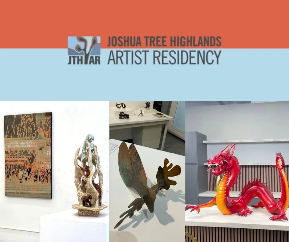 Graphic for Joshua Tree Highlands Artist Residency w/their logo over collage of paintings & sculptures displayed in gallery settings.