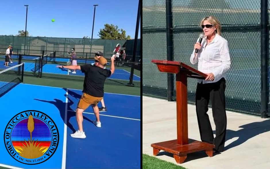 Montage with a pickleball player preparing to smash a ball and Supervisor Rowe speaking at a wooden podium and the Town of Yucca Valley logo