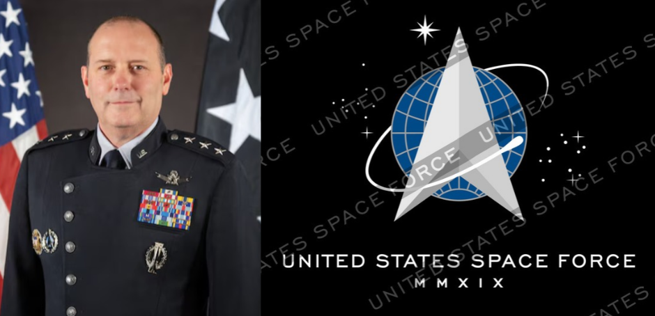 Yucaipa native Lt. Gen. Douglas A. Schiess next to the United States Space Force logo