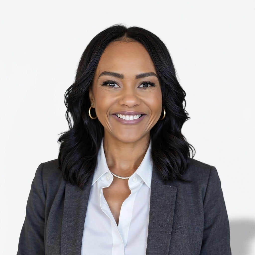 A professional headshot of a smiling woman wearing a charcoal blazer and white blouse against a light background.