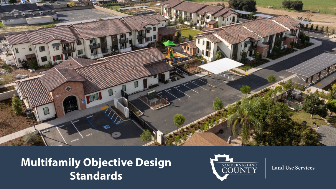 Aerial view of a landscaped multifamily housing community above a Multifamily Objective Design Standards banner and County Land Use Services logo.