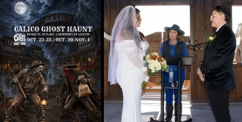 Montage shows poster for Calico Ghost Town Halloween Haunt and a wedding taking place at Calico Ghost Town with formal attire and an officiant