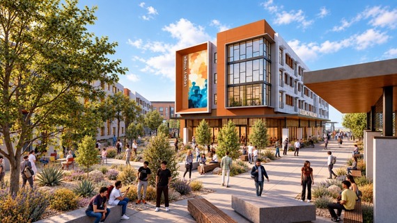 A lively courtyard scene at a modern university campus. People are walking, sitting, and interacting in a landscaped area. 