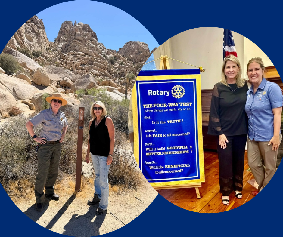 Montage showing Supervisor Rowe with Jane Rodgers at Joshua Tree National Park and Alicia Gyllenhammer at a Rotary Club meeting in Redlands