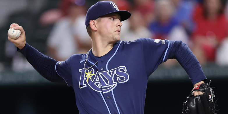 Tampa Bay Rays pitcher Tyler Wells photographed just before he releases a pitch.
