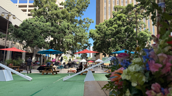Photo of flowers on table and installations