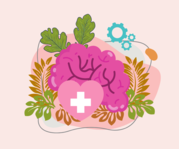 Pink and cream mental health illustration of a brain and medical symbols
