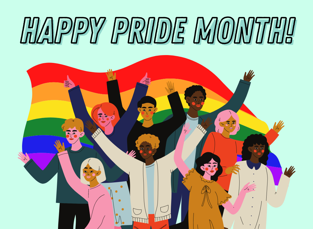 Illustrated people with different skin tones and hair colors with the text Happy Pride Month