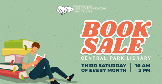 Graphic with an illustrated person reading against a stack of books advertising the Library Friends booksale