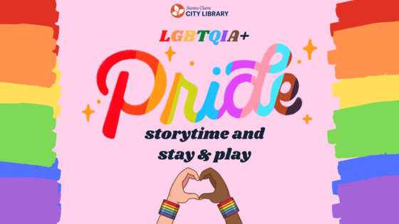 Colorful image with two hands of different skin tones making a heart advertising Pride storytime