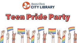 Teen Pride Party graphic with hands holding rainbow flags