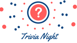 White image with blue and pink dots advertising a trivia night