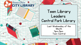 Graphic of books and graph paper to advertise Central Park Library Teen Library Leaders meeting on the last Wednesday of the month