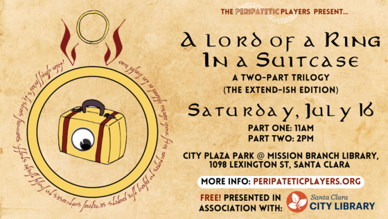 Graphic with a medieval appearance advertising a Peripatetic Players performance of Lord of the Rings