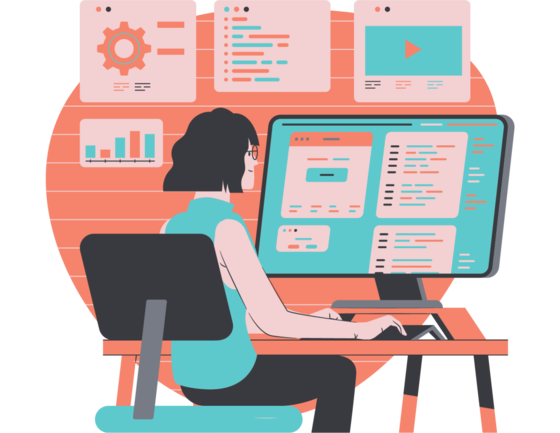 Illustration of person with short hair and glasses working on a computer screen