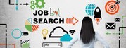 Photo of person looking at a board of graphics and the words "Job Search"