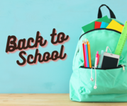 Photo of a loaded backpack and large font reading "back to school"
