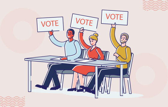 Illustration graphic of three people holding signs that say "VOTE"
