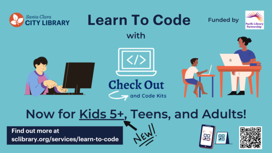 Blue graphic with people using computers to advertise Check Out and Code Kits for all ages