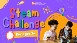 Purple graphic with children doing an experiment to advertise a STEAM challenge